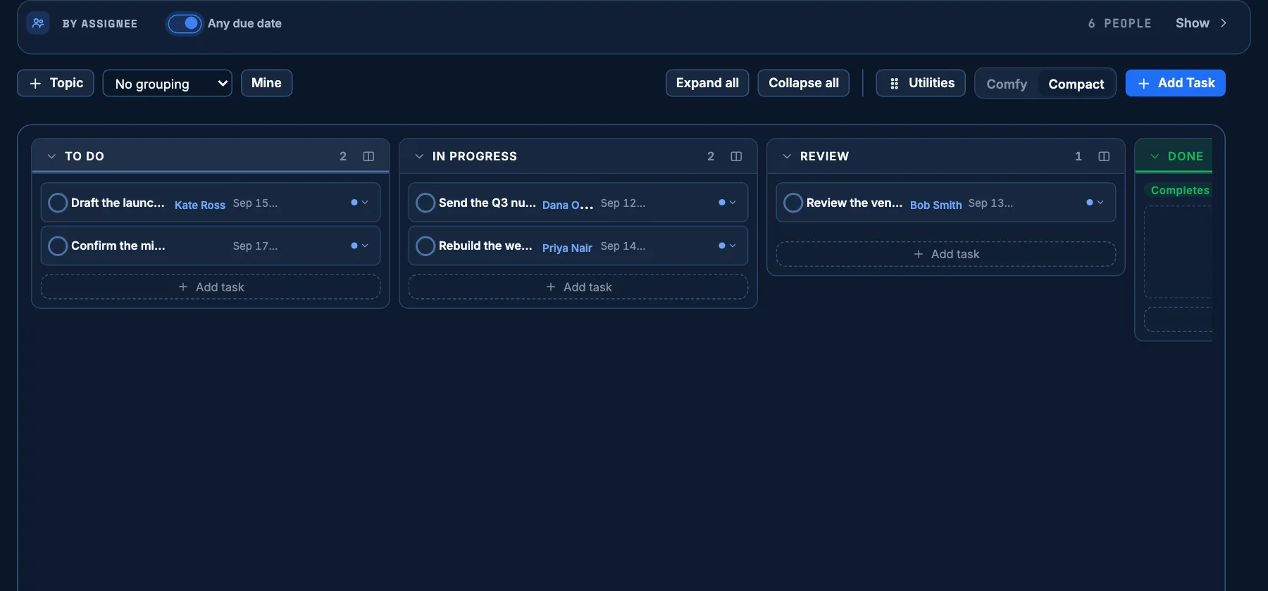 The By assignee strip and the board below it. The strip shows a card per person — Bob Smith, Dana Okafor, Kate Ross, Priya Nair, Sam Rivera and Unassigned — each with a percentage complete. Under it the board is grouped into topics, Rollout and Reporting, each with To do, In progress, Review and Done lanes; the Done lane carries a green Completes tasks flag, and every lane ends in an Add task row.