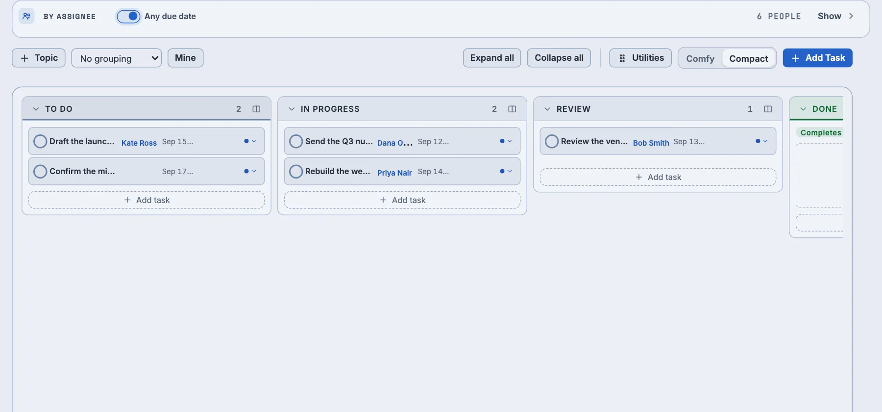 The By assignee strip and the board below it. The strip shows a card per person — Bob Smith, Dana Okafor, Kate Ross, Priya Nair, Sam Rivera and Unassigned — each with a percentage complete. Under it the board is grouped into topics, Rollout and Reporting, each with To do, In progress, Review and Done lanes; the Done lane carries a green Completes tasks flag, and every lane ends in an Add task row.