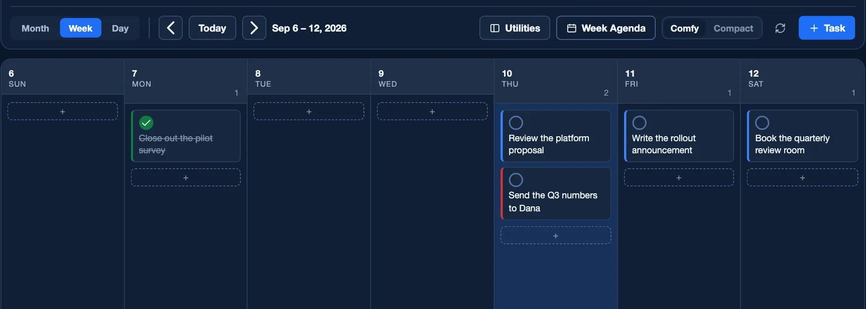 The Calendar in Week view. Its bar carries Month, Week and Day at the left, then back, Today and forward, the week's date range, and on the right Utilities, Week Agenda, a Comfy and Compact pair, refresh, and a Task button. Under it, seven day columns each headed with the date and a count, holding task cards and a plus row to add one.
