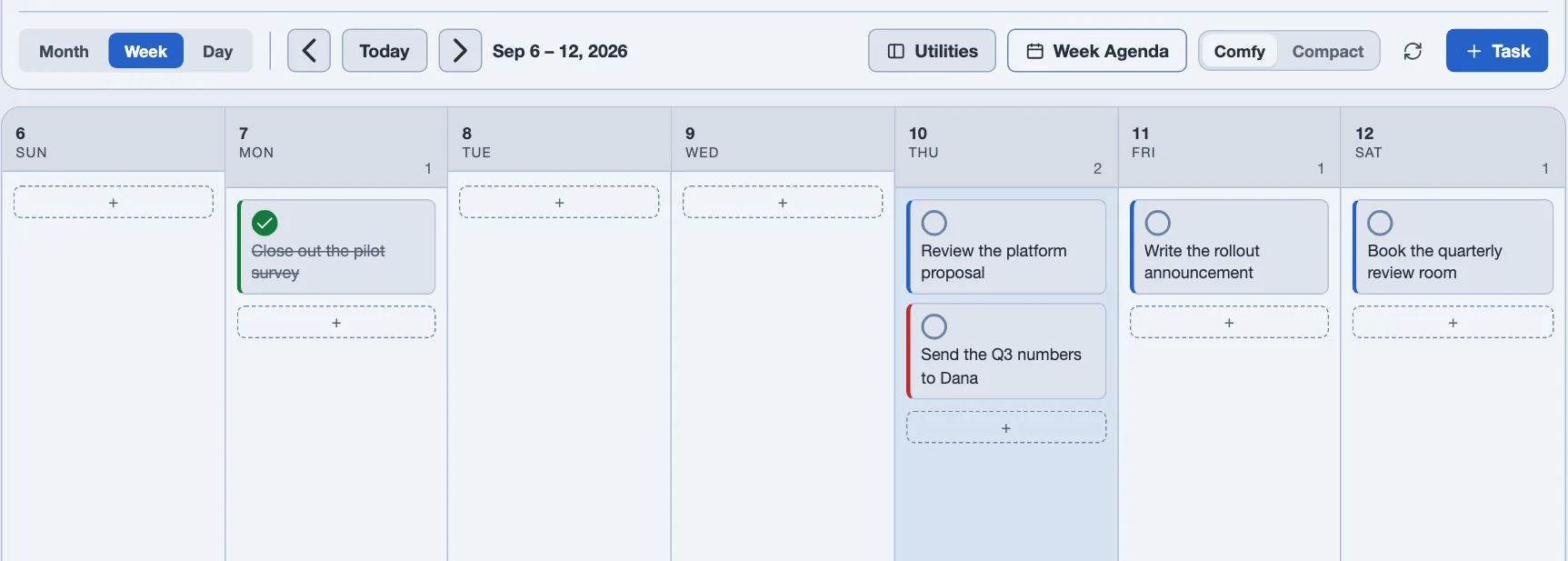 The Calendar in Week view. Its bar carries Month, Week and Day at the left, then back, Today and forward, the week's date range, and on the right Utilities, Week Agenda, a Comfy and Compact pair, refresh, and a Task button. Under it, seven day columns each headed with the date and a count, holding task cards and a plus row to add one.