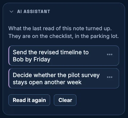 The AI assistant rail card on an open note, reading 'What the last read of this note turned up. They are on the checklist, in the parking lot.' above two suggested action items — Send the revised timeline to Bob by Friday, and Decide whether the pilot survey stays open another week — each with its own menu, and Read it again and Clear buttons below them.