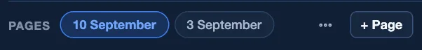 The Pages strip at the foot of a note: a Pages label, a selected 10 September tab, a 3 September tab, a more menu and a plus Page button.