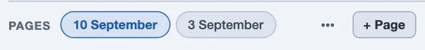 The Pages strip at the foot of a note: a Pages label, a selected 10 September tab, a 3 September tab, a more menu and a plus Page button.