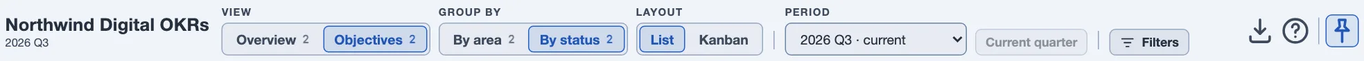 The OKR context bar. The team's name and quarter at the left, then four labeled groups: View with Overview and Objectives, Group by with By area and By status, Layout with List and Kanban, and Period with a quarter picker and a Current quarter button. Filters, export, help and pin controls sit at the right.