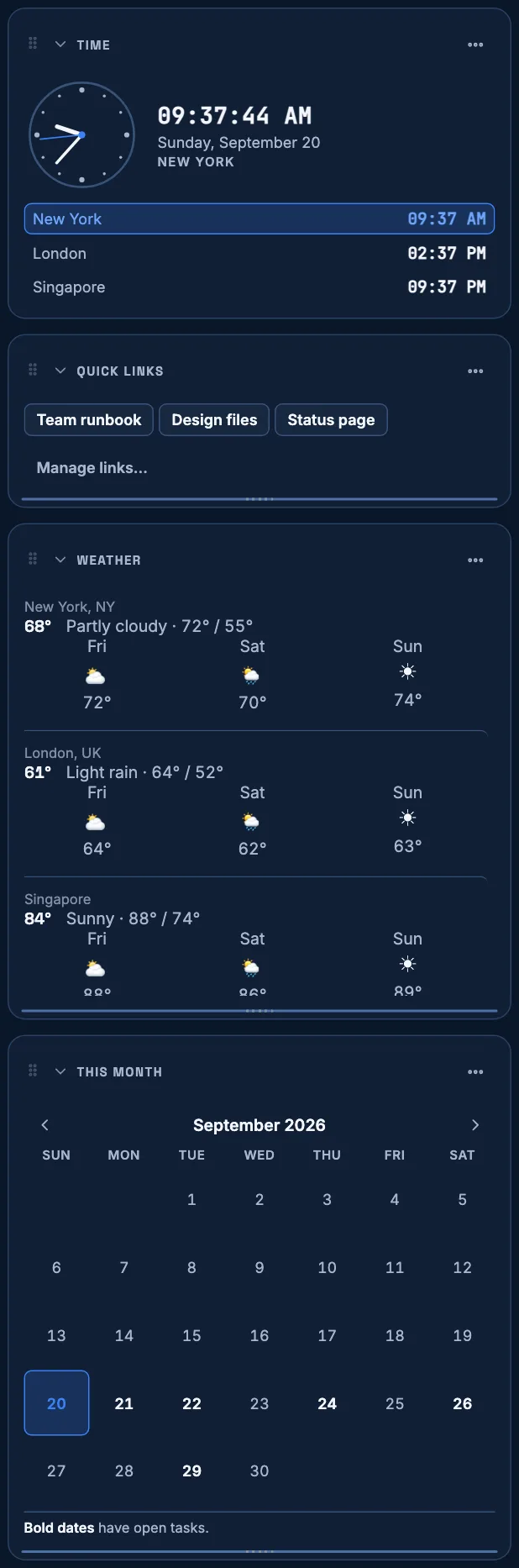 The utility rail's four widgets, stacked: Time, showing an analog clock and New York, London and Singapore; Quick links, with three buttons including one published by a team; Weather, with a city, its current temperature and a three-day strip for each of three locations; and This month, a calendar for September 2026 in which the dates that have something due are shown in bold.