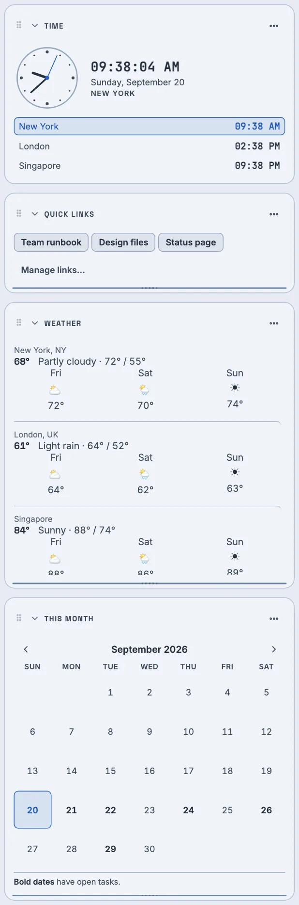 The utility rail's four widgets, stacked: Time, showing an analog clock and New York, London and Singapore; Quick links, with three buttons including one published by a team; Weather, with a city, its current temperature and a three-day strip for each of three locations; and This month, a calendar for September 2026 in which the dates that have something due are shown in bold.